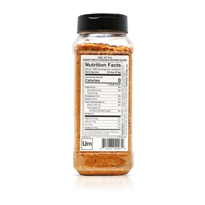 Back view of Spiceology Jet Tila Umami Punch Ssamjang-Inspired Blend nutrition facts and ingredient information.