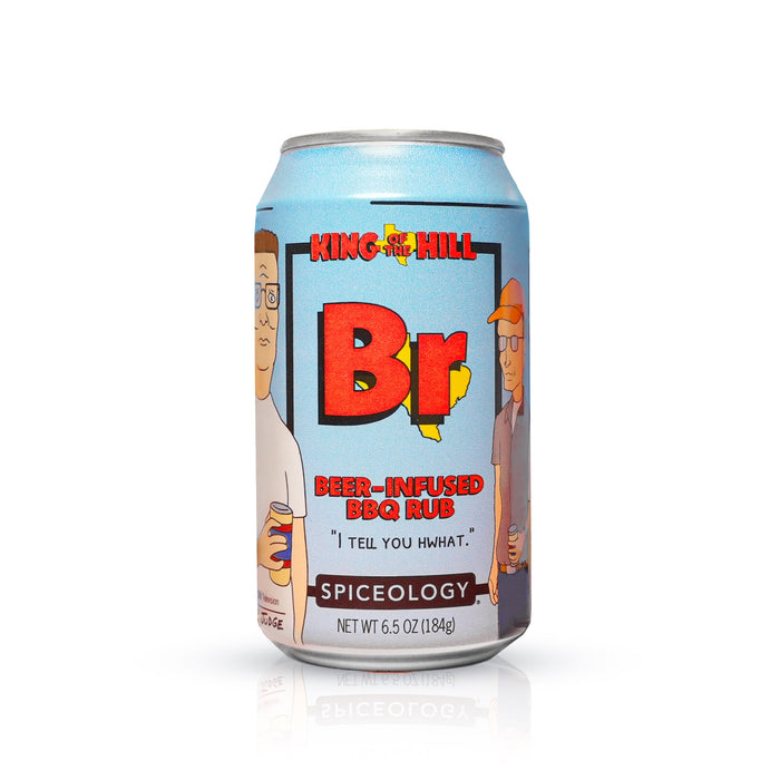 Can of Spiceology King of the Hill beer-infused rub on a white background