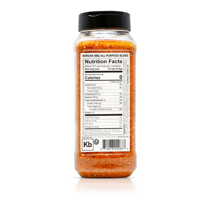Back view of Spiceology Korean BBQ All-Purpose Blend nutrition facts and ingredient information.