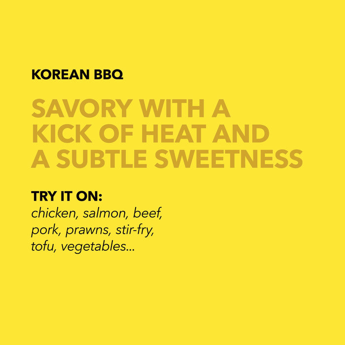 Yellow background with the words "korean bbq seasoning. Savory with a kick of heat and a subtle sweetness. Try it on: chicken, salmon, beef, pork, prawns, stir-fry, tofu, vegetables..."