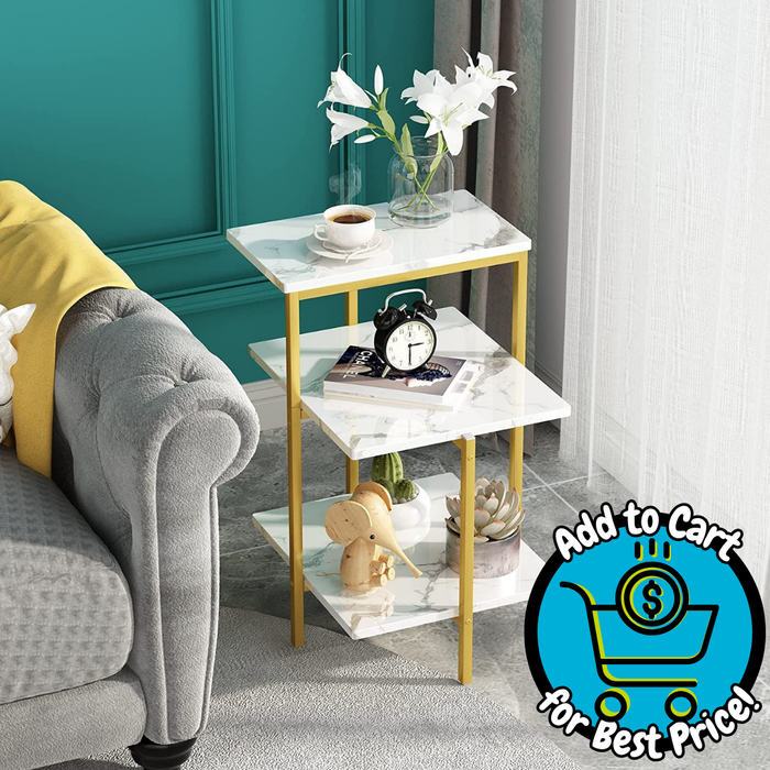 Lamerge White and Gold End Table, 3-Tier Faux Marble Side Table.