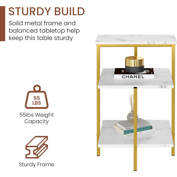 Lamerge White and Gold End Table, 3-Tier Faux Marble Side Table.