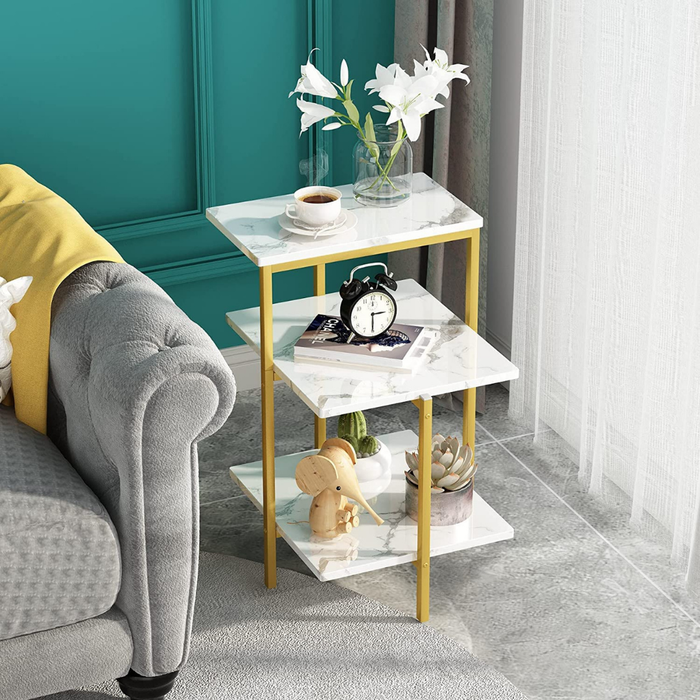 Lamerge White and Gold End Table, 3-Tier Faux Marble Side Table.