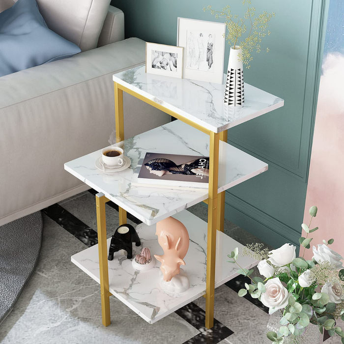 Lamerge White and Gold End Table, 3-Tier Faux Marble Side Table.