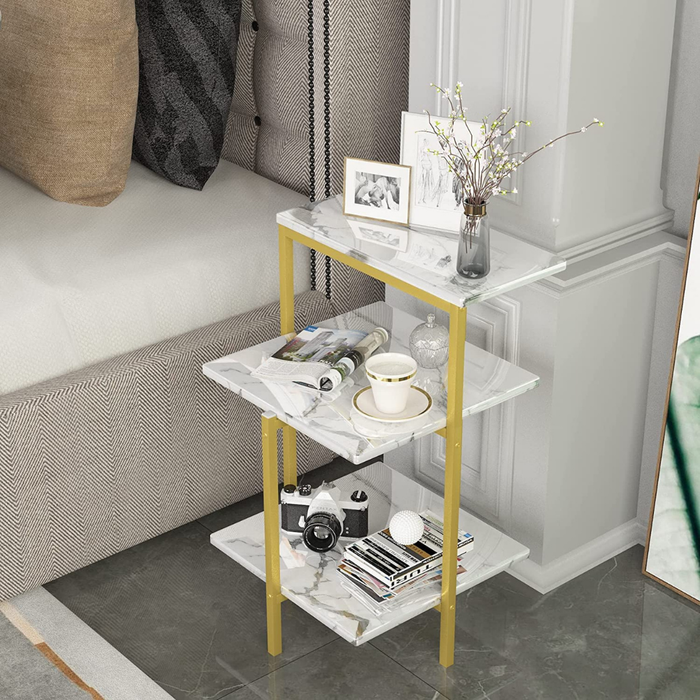 Lamerge White and Gold End Table, 3-Tier Faux Marble Side Table.