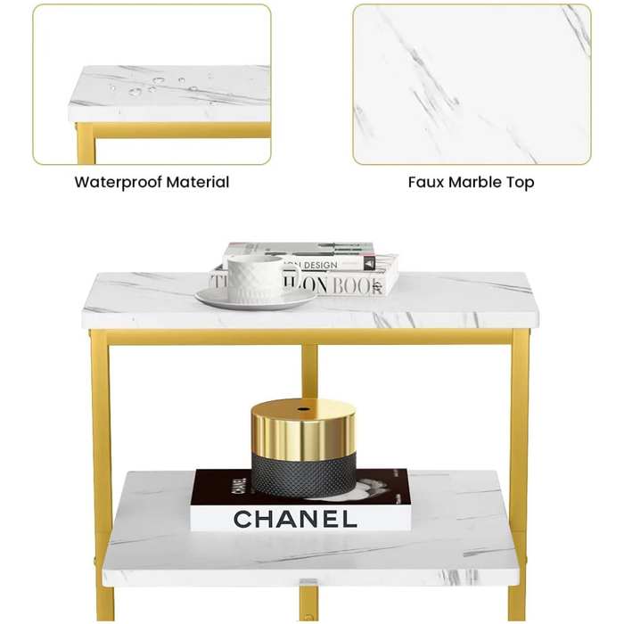 Lamerge White and Gold End Table, 3-Tier Faux Marble Side Table.