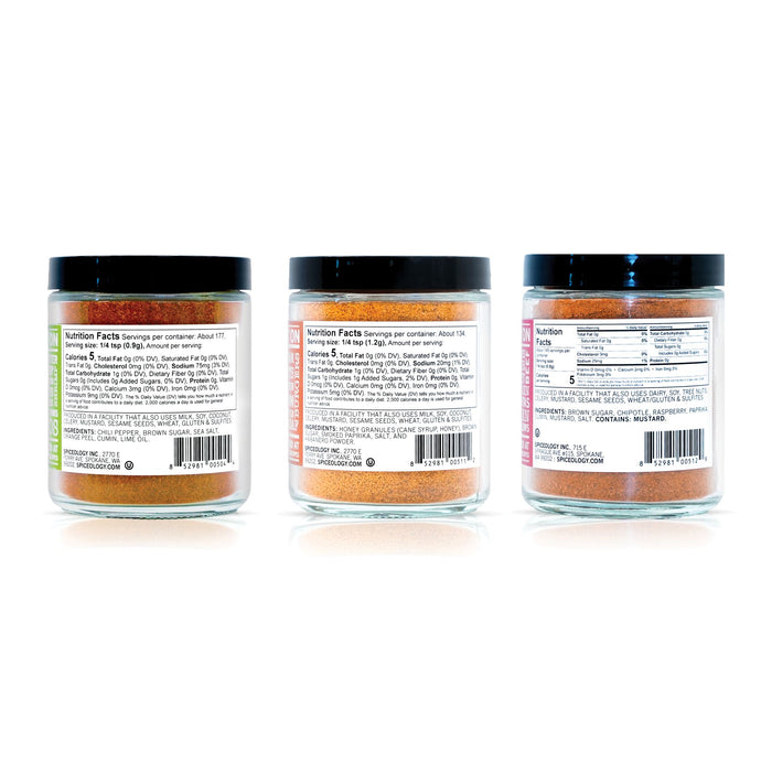 Three jars of a spice blend displaying nutrition facts and ingredient information on a white background