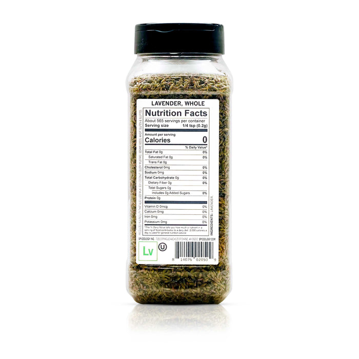 Back view of Spiceology lavender, whole nutrition facts and ingredient information.