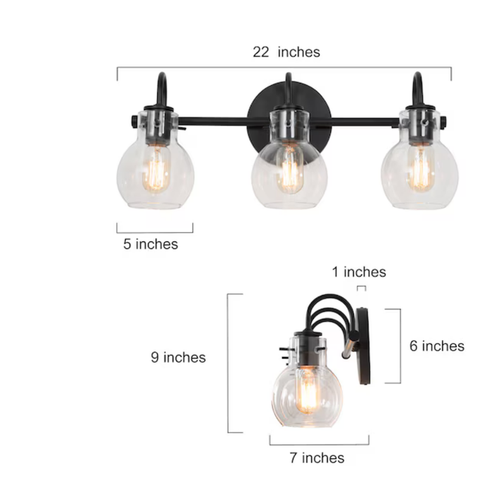 LNC Charm 22-in 3 Light Matte Black Farmhouse Bathroom Vanity Light bar