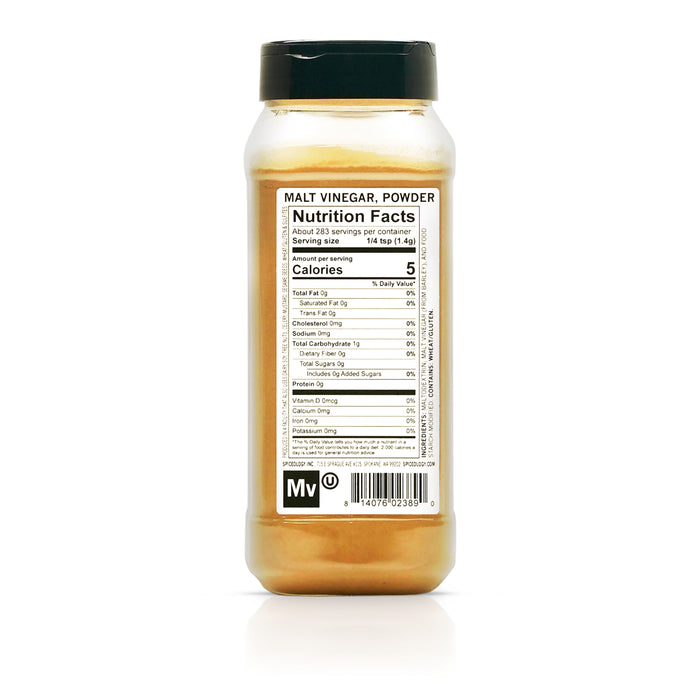 Back view of Spiceology Malt Vinegar, Powder nutrition facts and ingredient information.