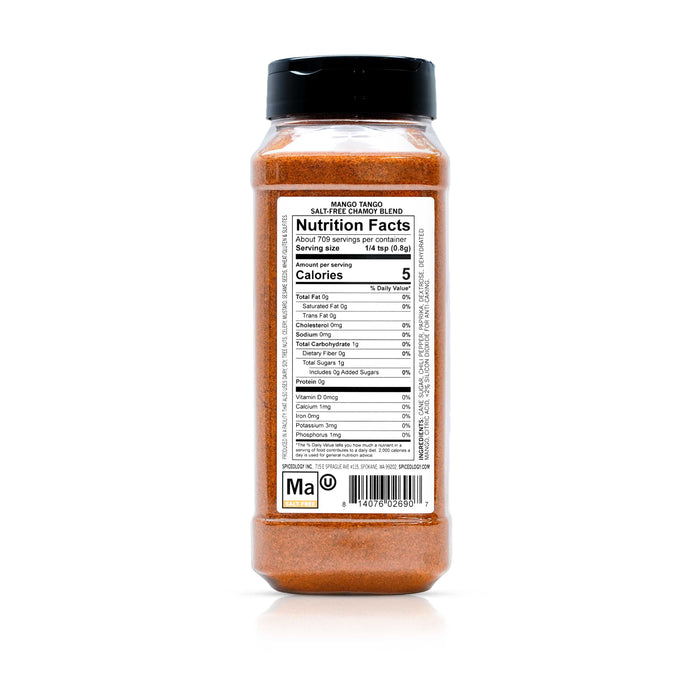 Back view of Spiceology mango tango salt free blend nutrition facts and ingredient information.