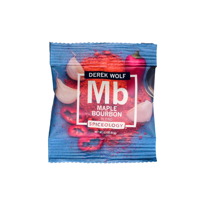 Blue Derek Wolf Maple Bourbon seasoning packet on a white background