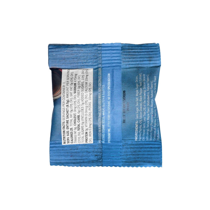 Back of blue packet of Maple Bourbon with white text on a white background