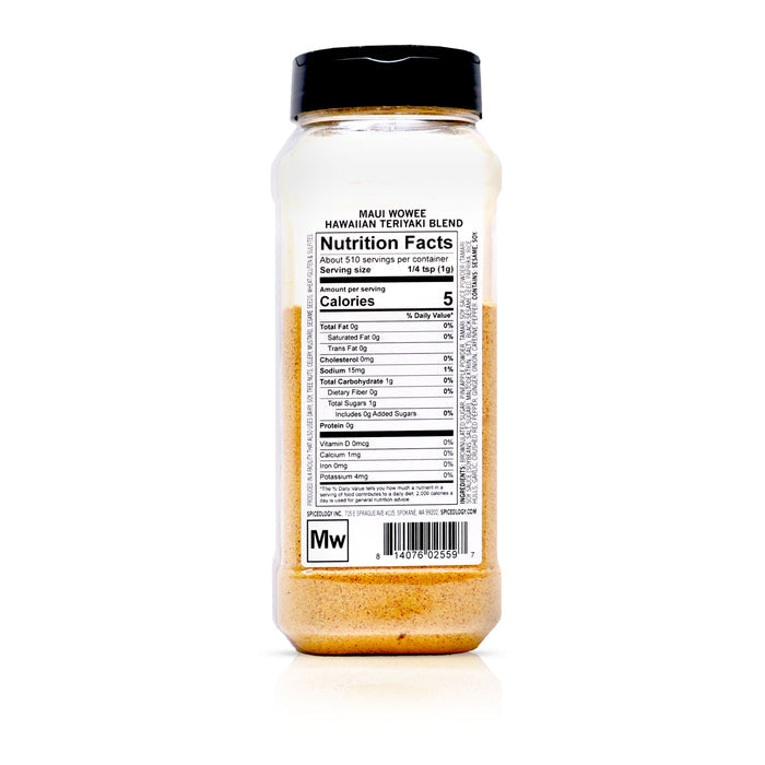 Back view of Spiceology Maui Wowee Hawaiian Teriyaki blend nutrition facts and ingredient information.