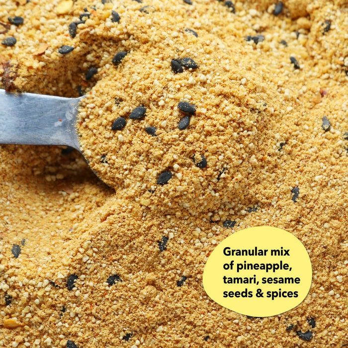 Overhead close-up of a golden-tan spice blend with a silver measuring spoon; a callout reads Granular mix of pineapple, tamari, sesame seeds and spices