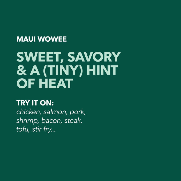 Dark teal flavor profile card for Spiceology Maui Wowee with headline Sweet, Savory and a Tiny Hint of Heat and suggested uses including chicken, salmon, pork, and stir fry