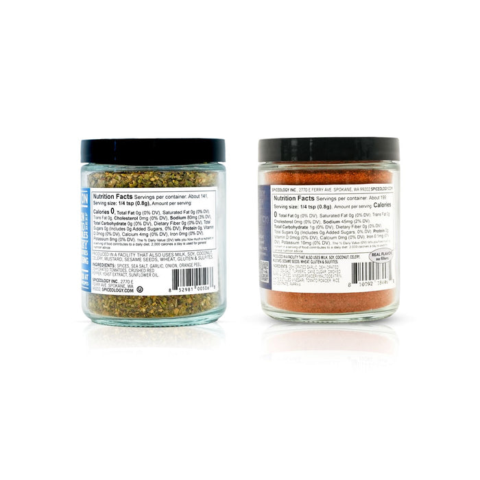 mediterranean seasoning bundle, back of jars displaying nutrition facts and ingredient information.