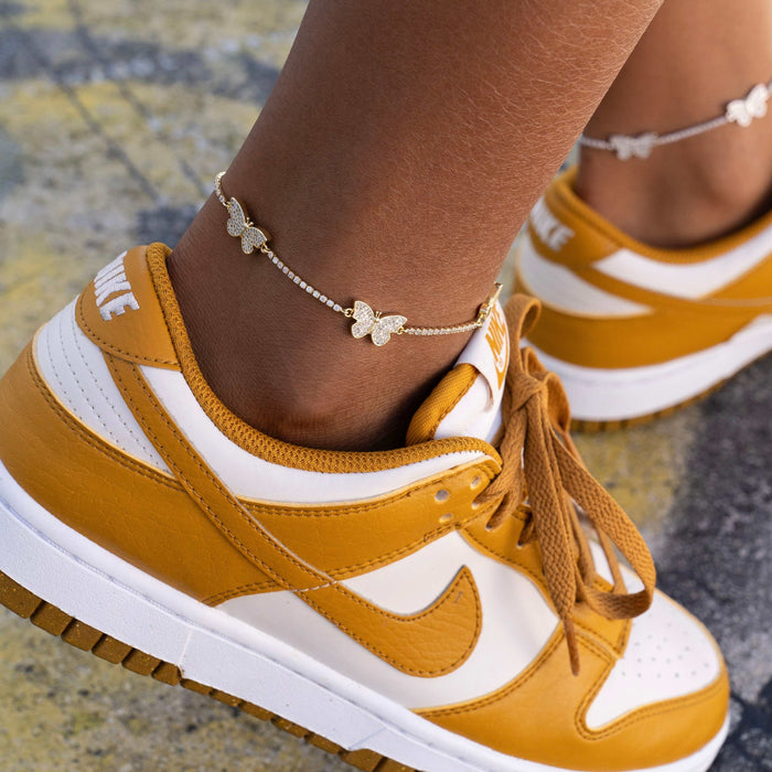 Micro Butterfly Tennis Anklet in Yellow Gold