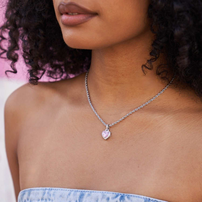 Micro Iced Pink Heart Pendant in White Gold