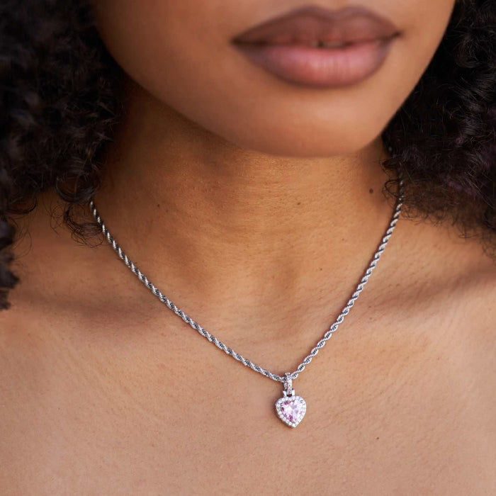 Micro Iced Pink Heart Pendant in White Gold