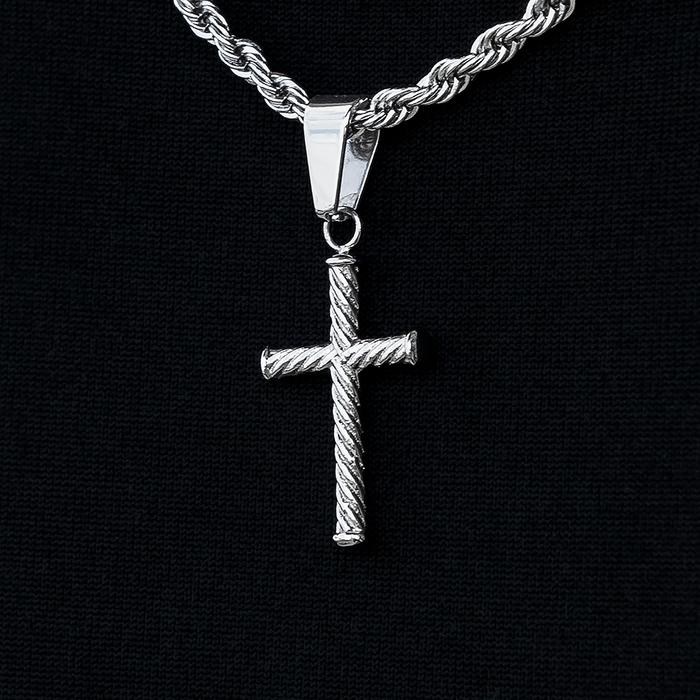 Micro Twisted Rope Cross Pendant in White Gold