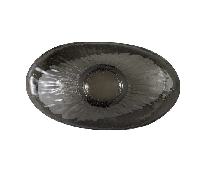The Midnight Wave Bowl, in Black/Multi, showcases an oval silhouette and glossy hand-finished glass with a textured interior and smooth, rounded rim—an elegant accent for modern organic decor, presented from a top-down view against a white background.
