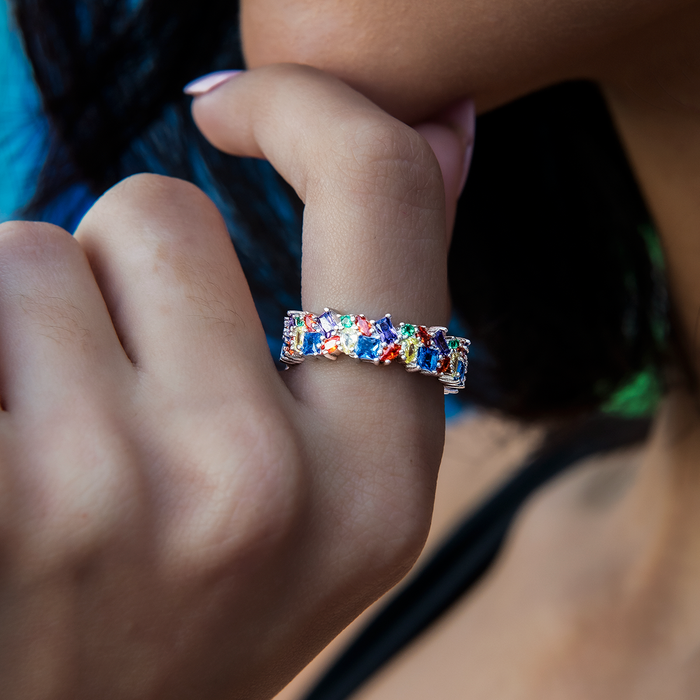Multicolor Gemstone Ring - White Gold Vermeil
