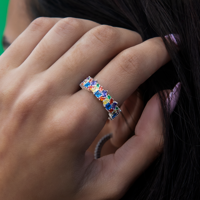Multicolor Gemstone Ring - White Gold Vermeil