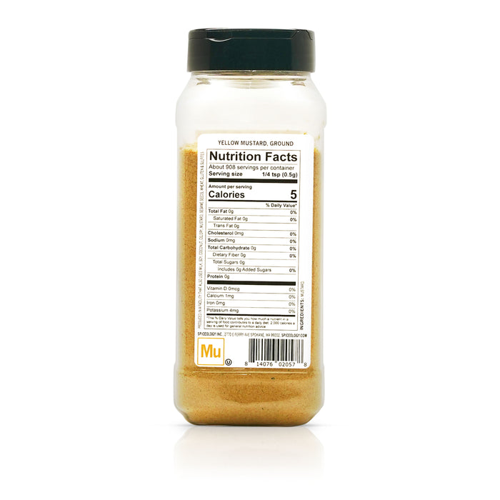 Back view of Spiceology Yellow Mustard, ground nutrition facts and ingredient information.
