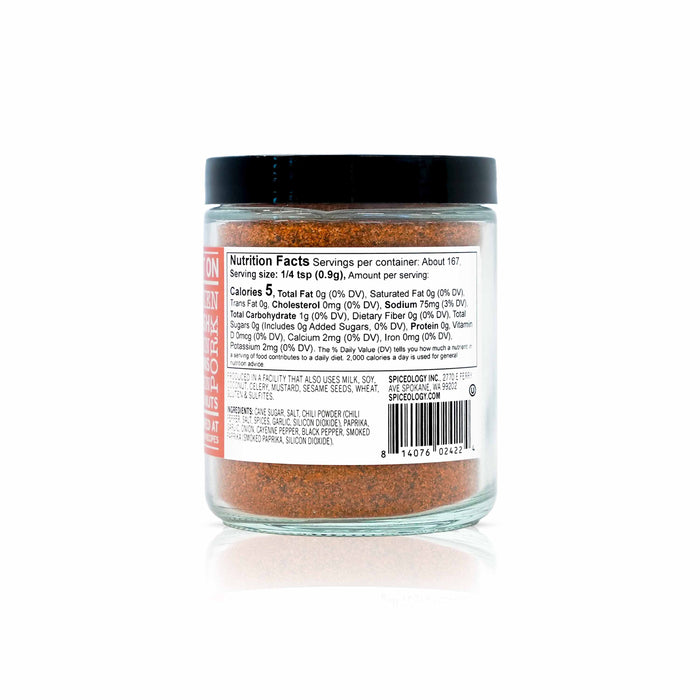 Back view of Spiceology nashville hot chicken seasoning displaying nutrition facts and ingredient information.