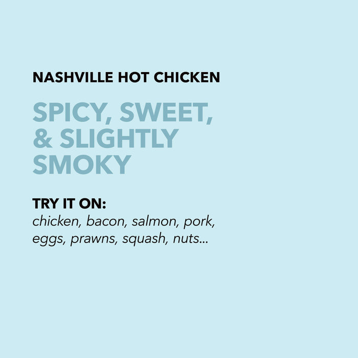 Light blue flavor profile card for Spiceology Nashville Hot Chicken with headline Spicy, Sweet and Slightly Smoky and a list of suggested uses