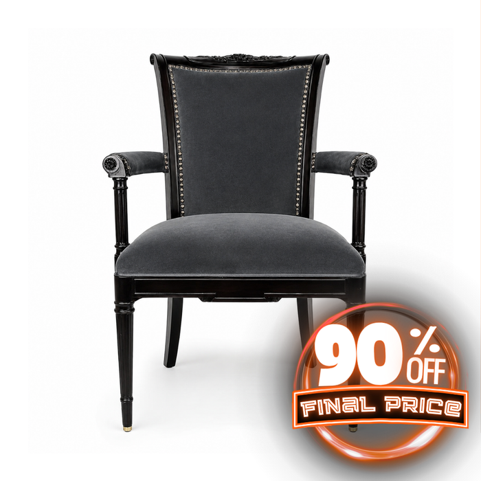 Neoclassical Upholstered Arm Chair Nailhead Trim Carved Wood Gray Velvet