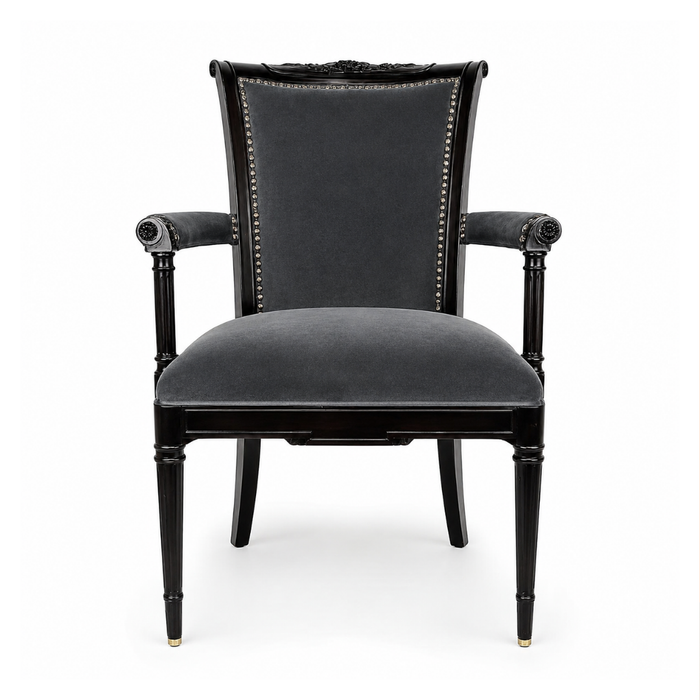 Neoclassical Upholstered Arm Chair Nailhead Trim Carved Wood Gray Velvet