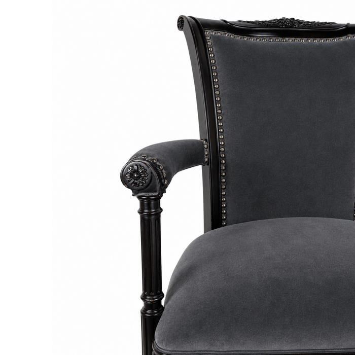 Neoclassical Upholstered Arm Chair Nailhead Trim Carved Wood Gray Velvet