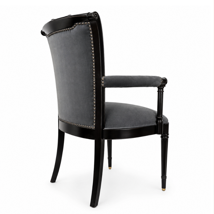 Neoclassical Upholstered Arm Chair Nailhead Trim Carved Wood Gray Velvet