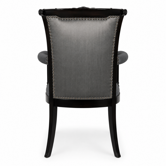 Neoclassical Upholstered Arm Chair Nailhead Trim Carved Wood Gray Velvet