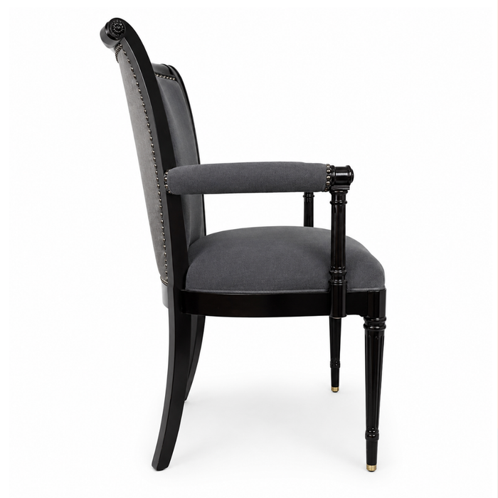Neoclassical Upholstered Arm Chair Nailhead Trim Carved Wood Gray Velvet