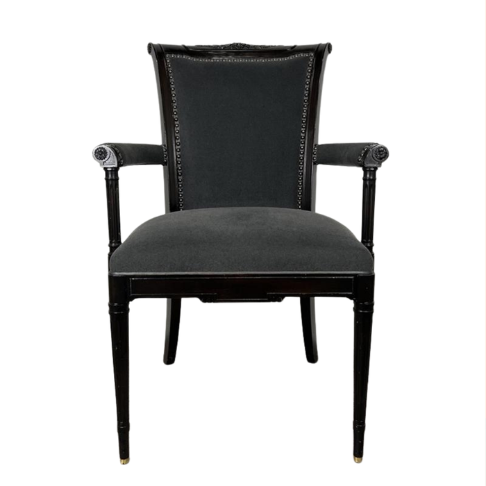 Neoclassical Upholstered Arm Chair Nailhead Trim Carved Wood Gray Velvet