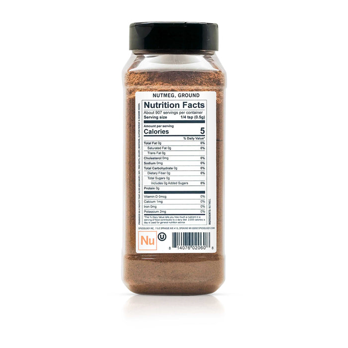 Back view of Spiceology Ground Nutmeg nutrition facts and ingredient information.