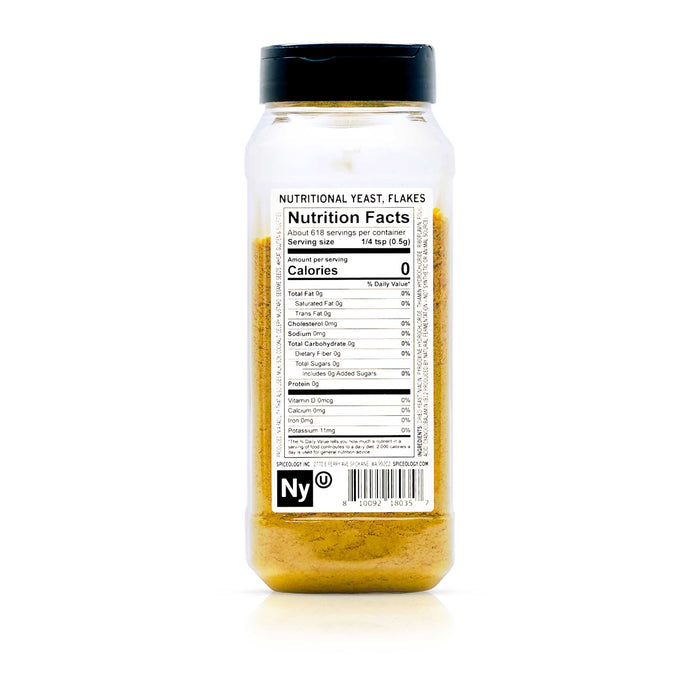 Back view of Spiceology Nutritional Yeast Flakes nutrition facts and ingredient information.