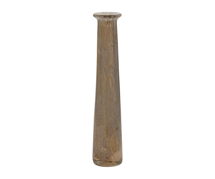 The Ochre Wash Bottle is a tall, slender vessel in yellow and multi-colored glass, with a slightly flared rim and a smooth marbled texture. Hand-finished glass details add distinctive decorative accents, all showcased against a plain white background.