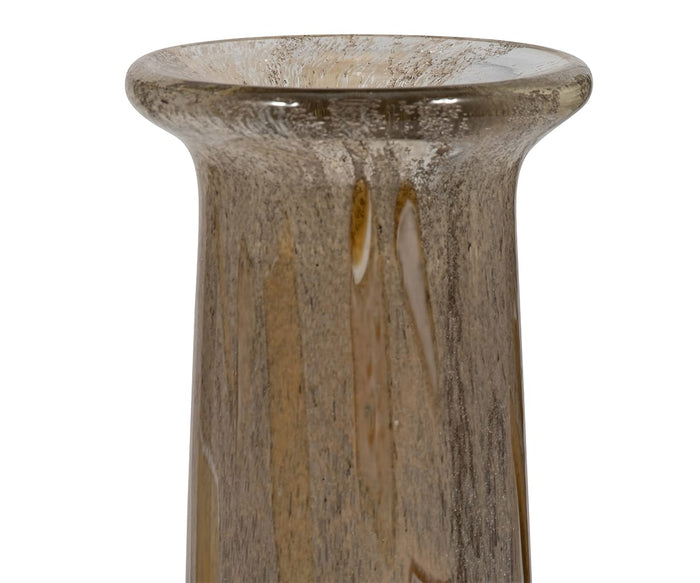 Close-up of the top portion of the Ochre Wash Bottle, a brown, hand-finished glass vase featuring a wide, rounded rim and a smooth, reflective surface—an elegant piece perfect for adding decorative accents to any space.