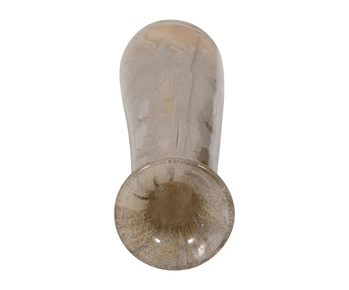 The Ochre Wash Bottle is a hand-finished glass vase in translucent beige and gray, featuring a wide circular opening that tapers to a narrower body, perfect for adding decorative accents or serving as an elegant ochre wash bottle in any space.