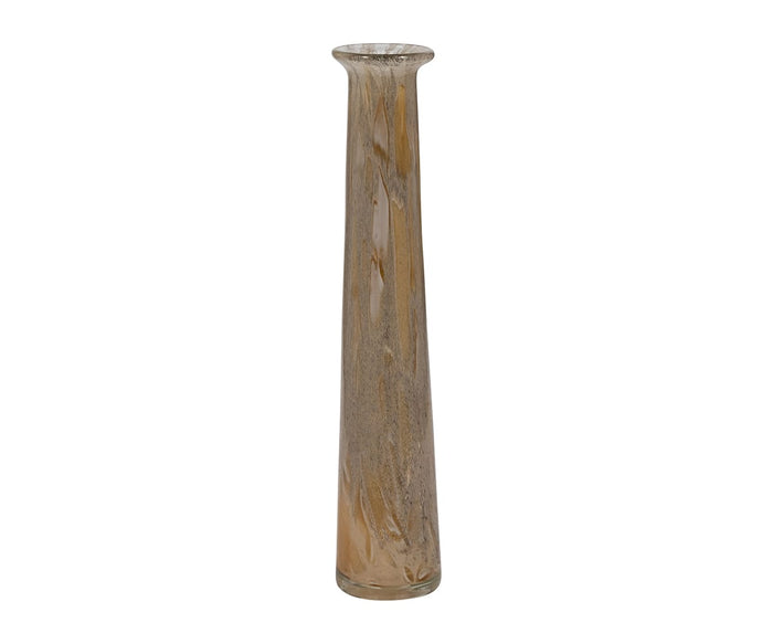 The Ochre Wash Bottle is a tall, slender glass vase with a narrow neck and a slightly flared rim, showcasing a hand-finished marbled brown and beige pattern. Displayed on a white background, this elegant decorative accent beautifully captures the distinctive style of the Ochre Wash Bottle.