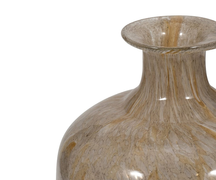Close-up of the neck and upper body of the Ochre Wash Bottle—a glossy, speckled beige and brown ceramic vase with a wide, flared rim and a smooth, reflective surface—perfect as an elegant decorative accent for any space.