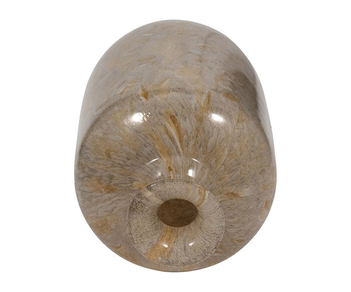 A sophisticated decorative accent, the Ochre Wash Bottle features a shiny, cylindrical form in brown and beige marble with a narrow opening, viewed from above to highlight its textured and polished surface, reminiscent of hand-finished glass craftsmanship.