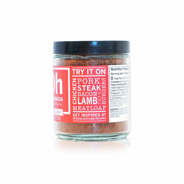 Spiceology Oh Canada blend large 9oz jar on white background, side panel label view