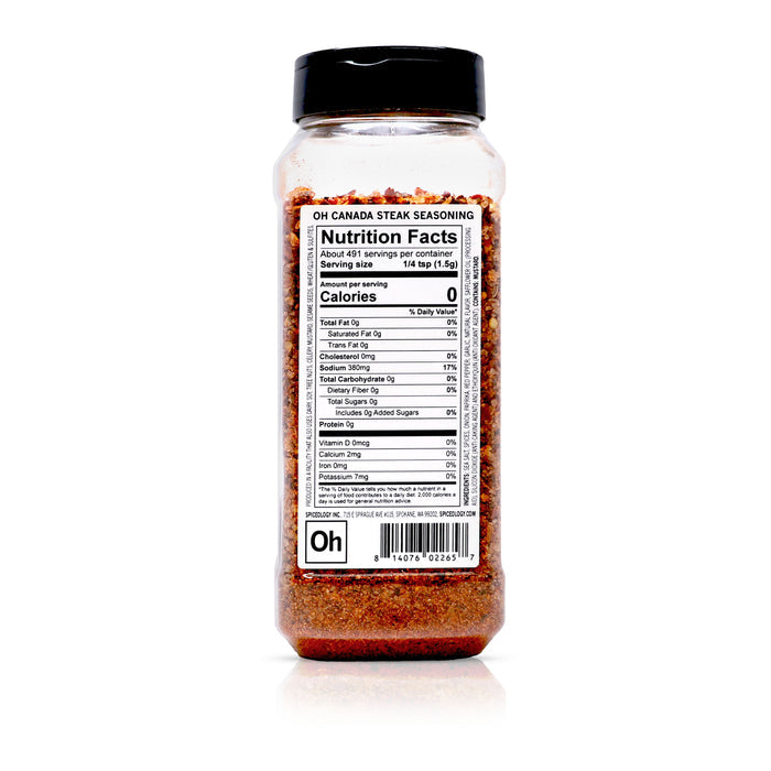 Back view of Spiceology Oh Canada Steak Seasoning nutrition facts and ingredient information.