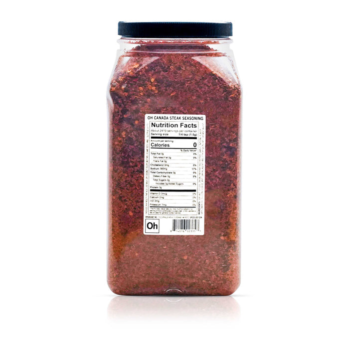 Back view of Spiceology oh canada steak seasoning nutrition facts and ingredient information.