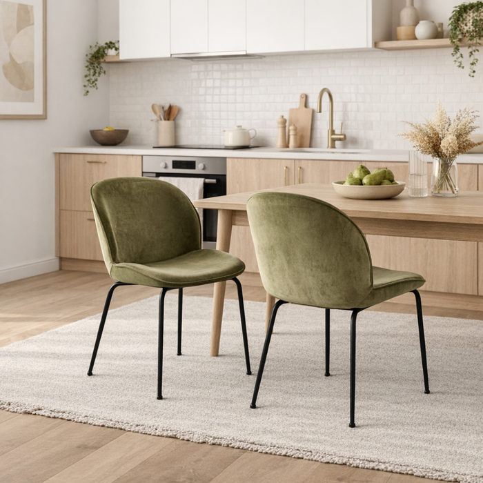 Olive Green Velvet Dining Chairs (Set of 2) – Modern Curved Back w/ Black Metal Legs